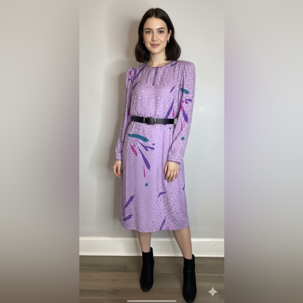 Vintage 80s Flora Kung‎ Sheath Dress Purple Silk Retro Glam Puff Shoulder